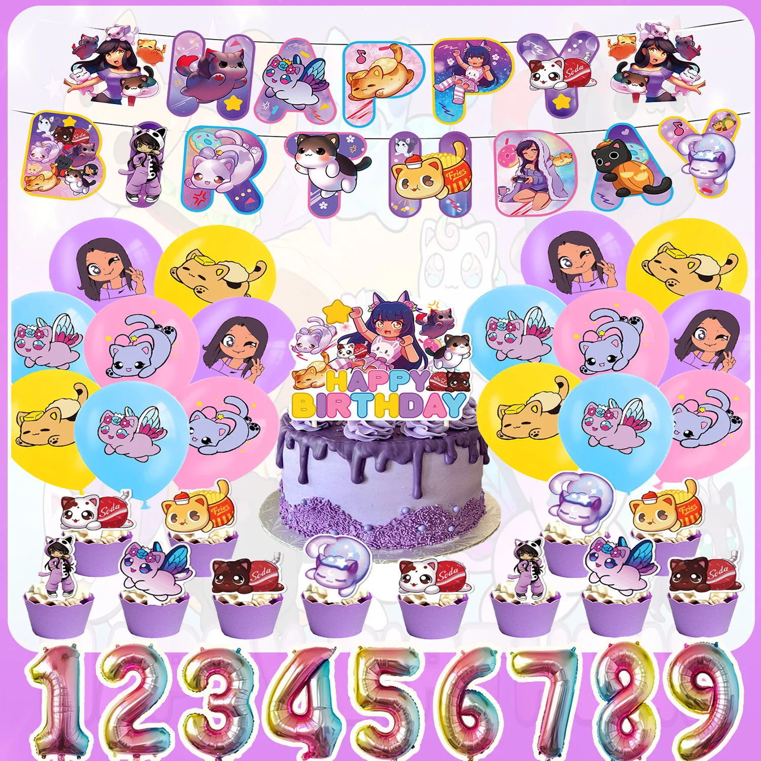 Niedliches Aphmau-Themen Geburtstagsparty-Dekorationsset Happy Birthday Banner Meow Cat Ballon Tortendekoration Kinder Mädchen Geburtstagsparty-Zubehör – Detail 3