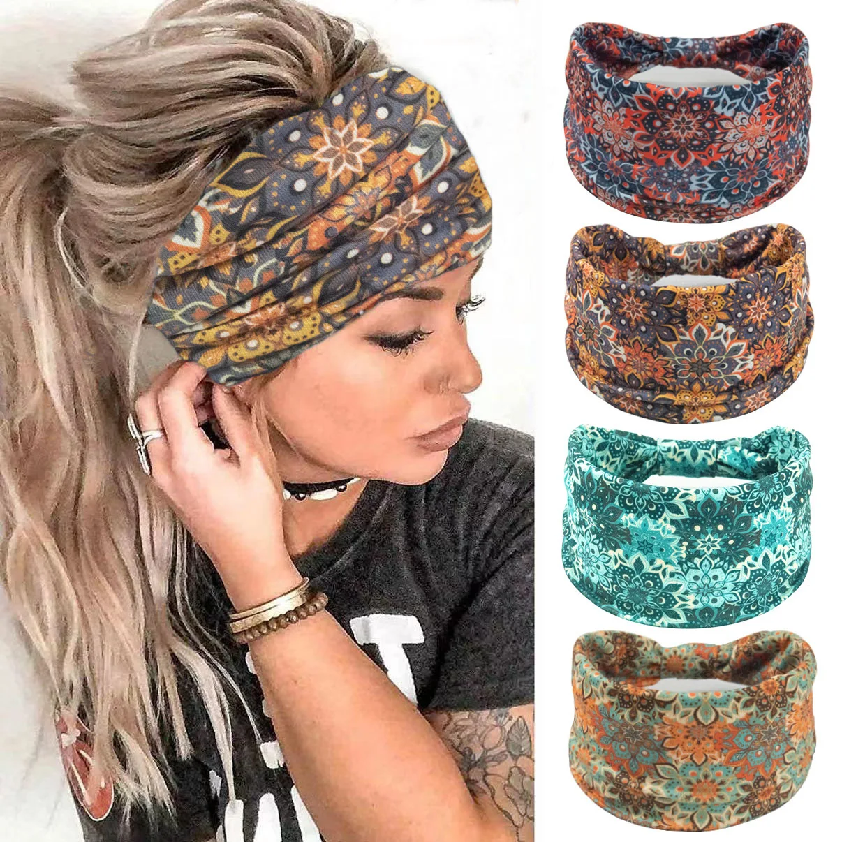 Boho Headbands For Women Fashion Wide Headband Turban Yoga Workout Head Bands Hair Accessories Knotted Headwraps