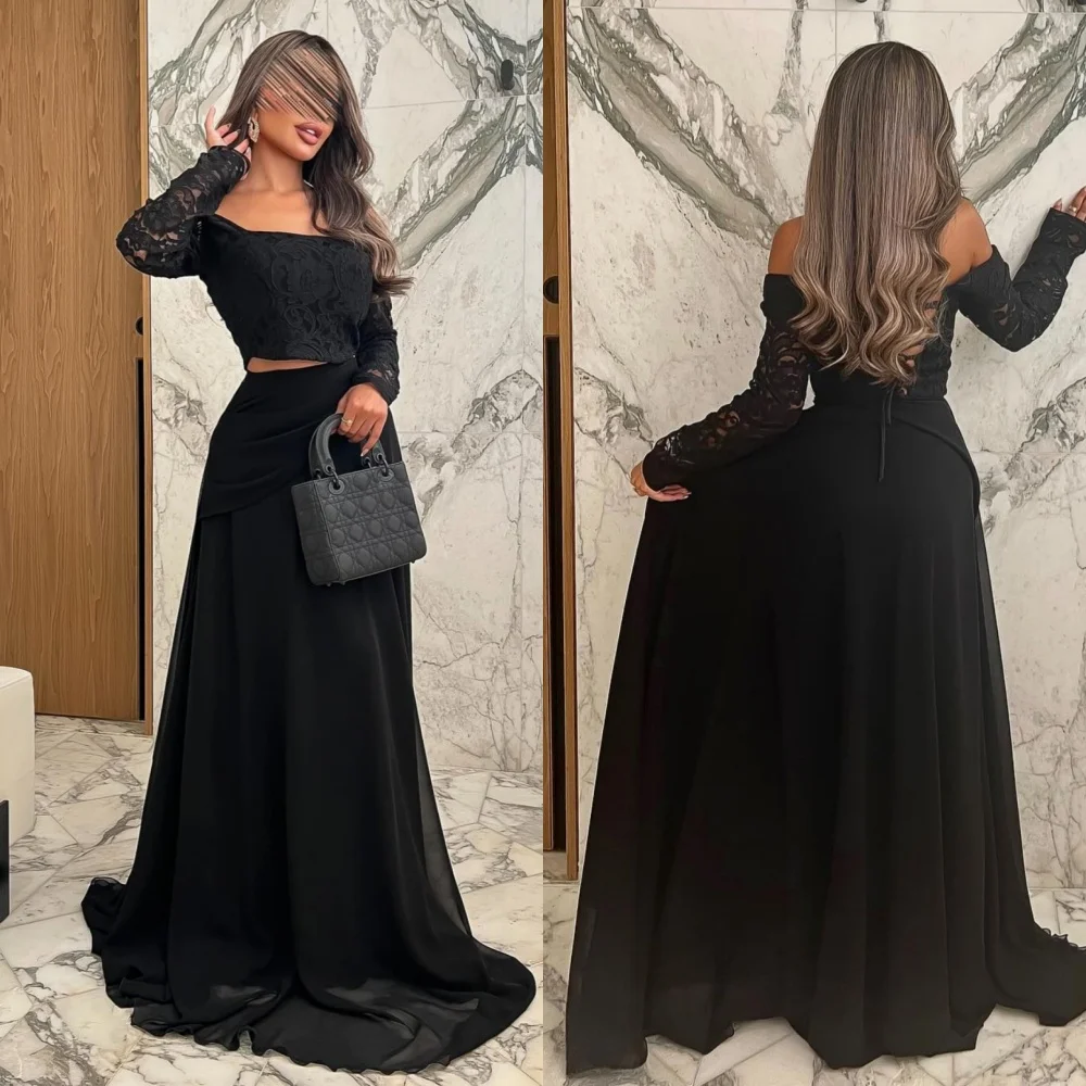 

Customized Chiffon Off-the-shoulder A-line Black Floor-length Bespoke Occasion Women Evening Classic Elegant Party High Quality