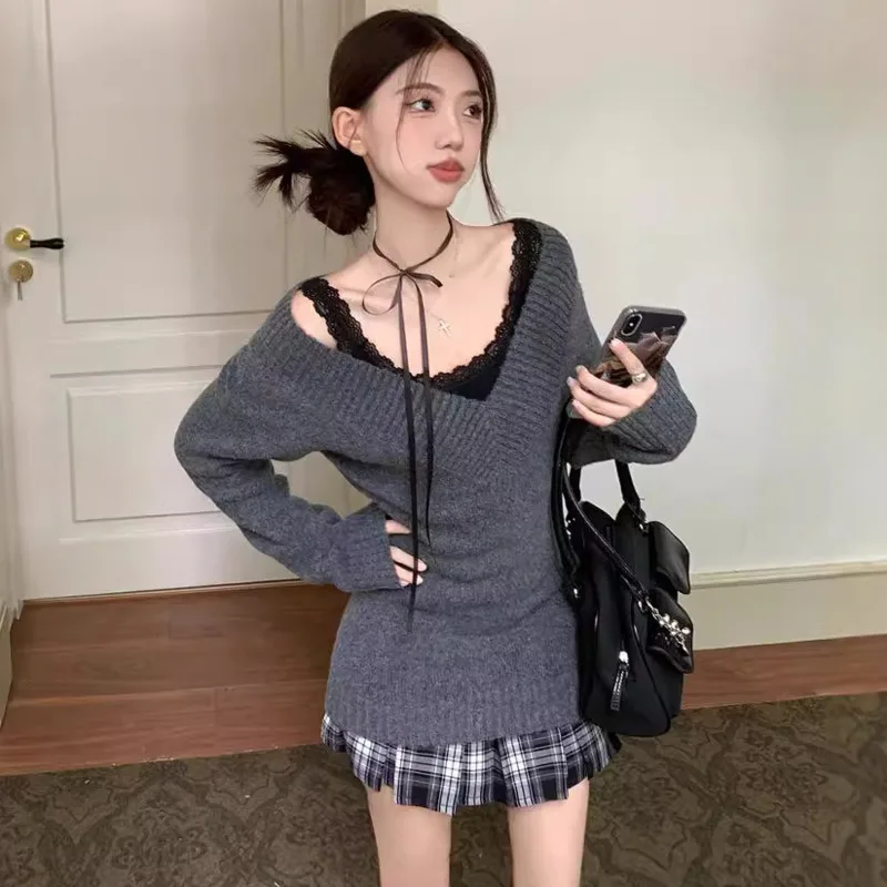 3PCS Lace Y2k Knitted Sweater Set V-neck Long Pullover Black Tank Top Plaid Mini Skirt Sexy Suit Slim Korean Skirt Set For Women