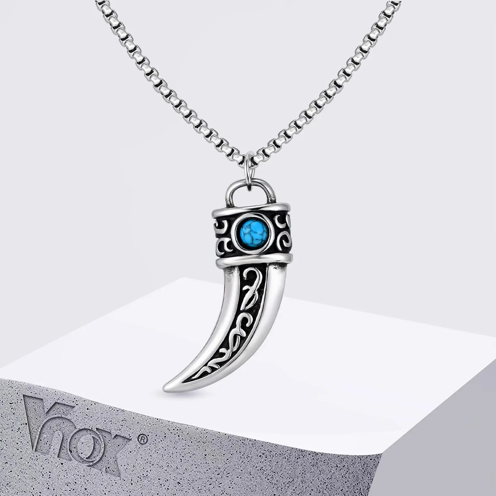 

Vnox Horn Turquoise Pendant Necklace for Men, 60cm Box Chain Stainless Steel Wateproof Necklaces, Ethnic Style Accessories Gifts