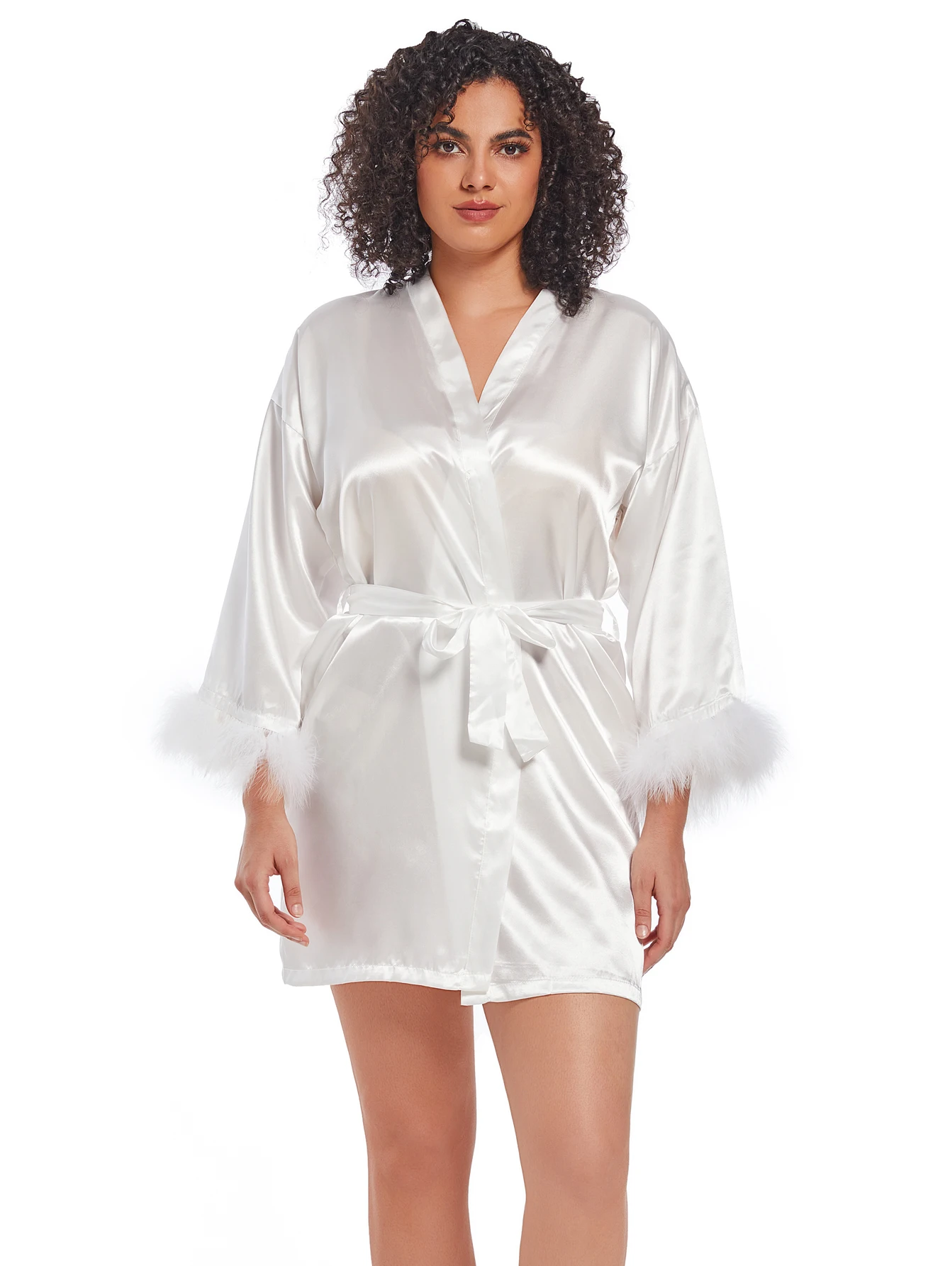 sexy feather robe satin Women\'s Plus Size Satin Robes plain Short Silky Bathrobes bride Bridesmaid Party Dressing Gown