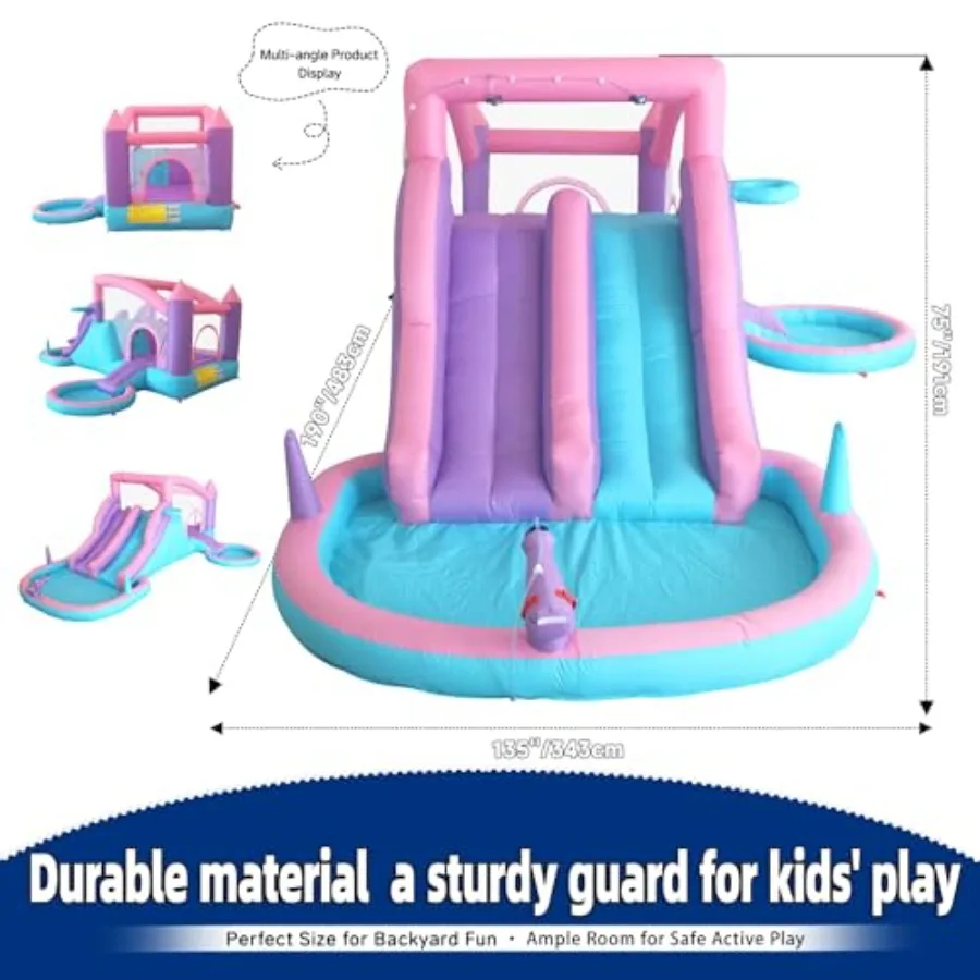 Backyard water park for kids ages 3-8: inflatable bounce house with 3 slides, splash pool, water cannon, ball pit, basketball h view 3