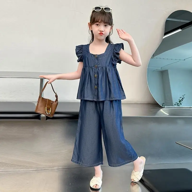 Kids Girls Blue Camisole Wide Leg Pants Clothing Sets 2025 New Fashion Teenage Girls Casual Summer Tank Tops Pants Clothes Set