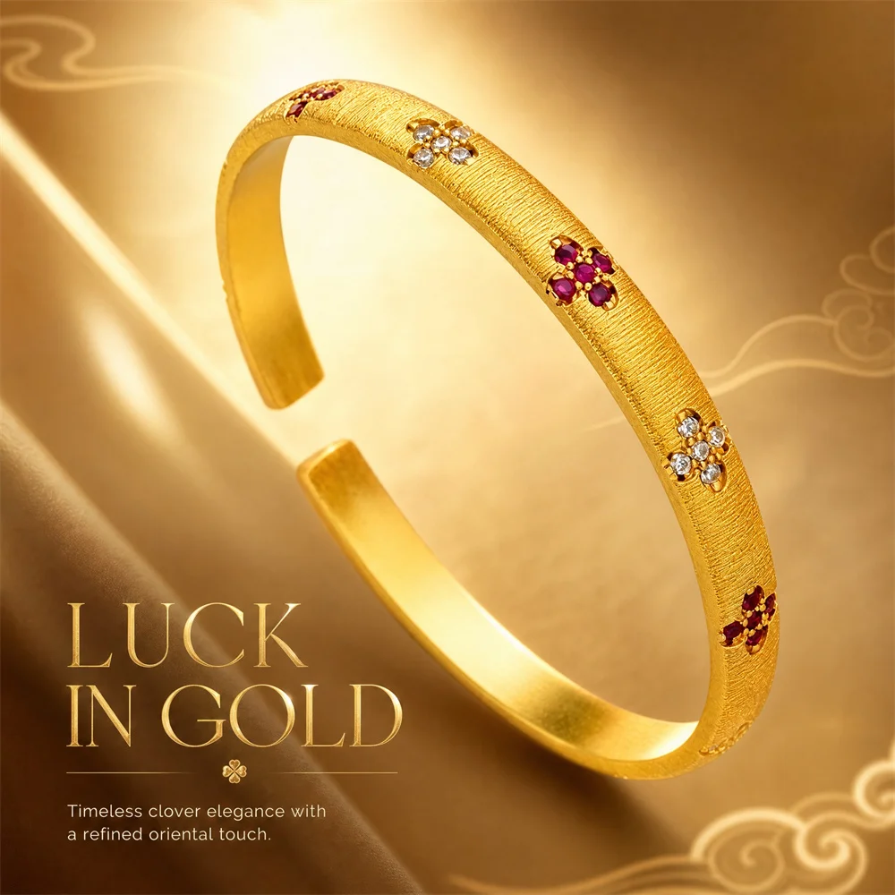 au999-24k-solid-unisex-vintage-brushed-four-leaf-clover-zircon-open-gold-cuff-bangle-men-women-couple-wedding-lucky-jewelry-gift