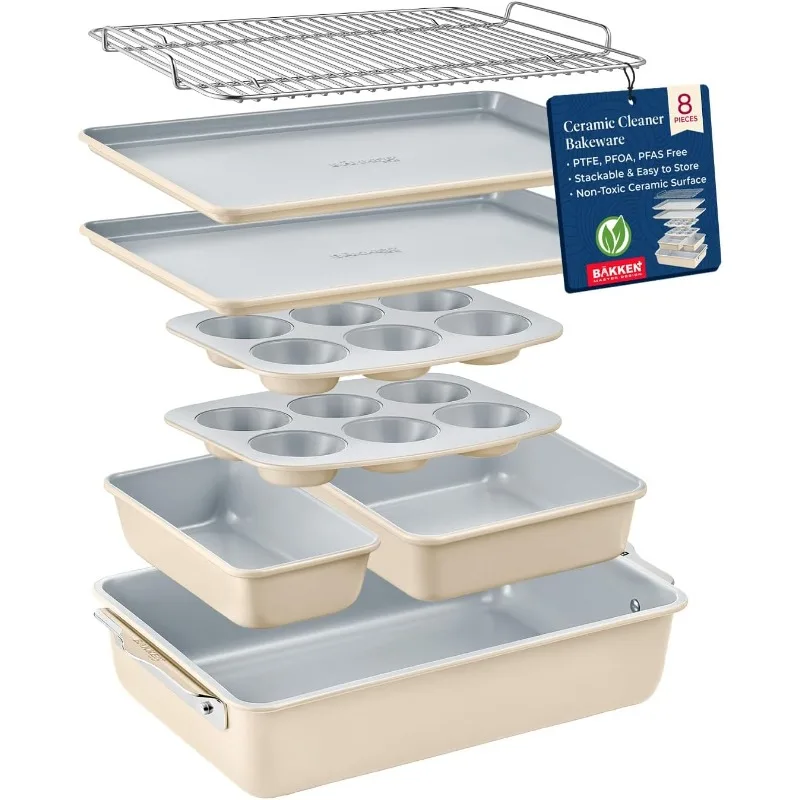 

8-Piece Stackable Bakeware Set - Ceramic Non-Stick Coating, Baking Sheets, Assorted Baking Pans, PTFE, PFOA & PFOS