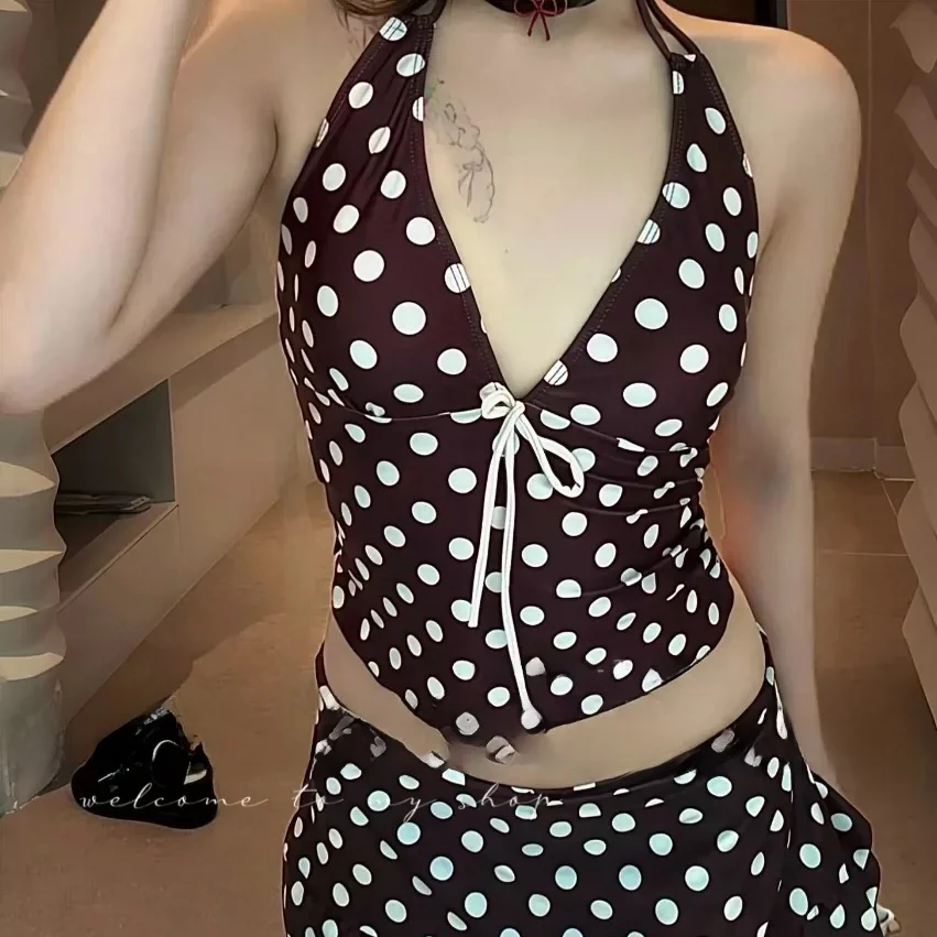 Women's Bikini Swimsuit Halter Neck Polka Dot Two-Piece Skirt Style Three-Piece Set Gathered Slimming Beach Vacation Thermal - Image 5