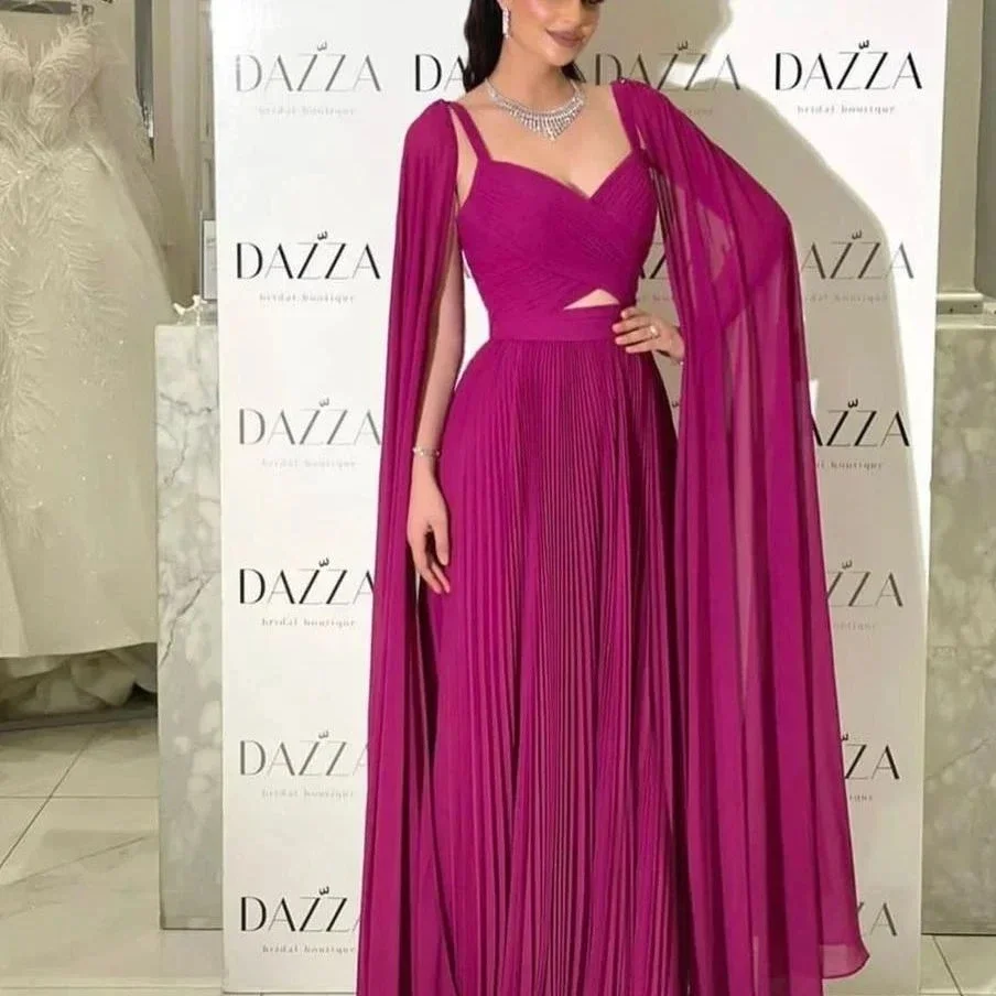 IRIDESCENT Rose V Neck Long Chiffon Vestidos De Festa Evening Dresses For Women Pleat Saudi Arabic Prom Party Dress With Cape