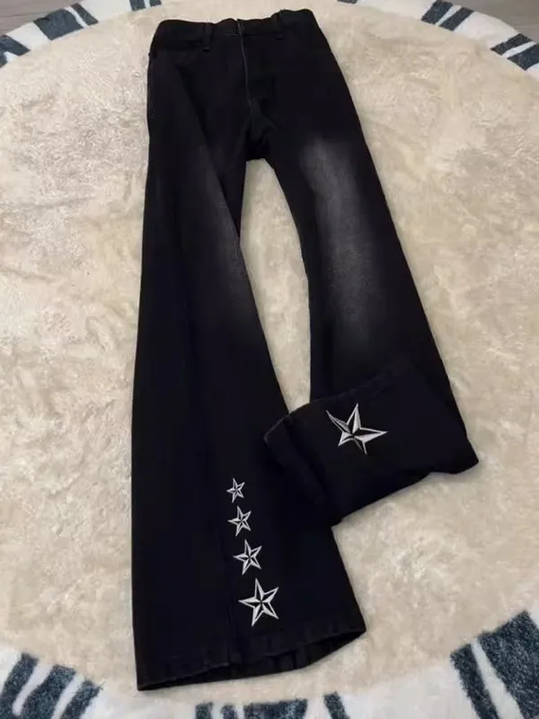 

Slimming Effect Five Pointed Star Embroidered Jeans for Men Spring Autumn Wear High Street Sle Bell Bot Trendy Brand