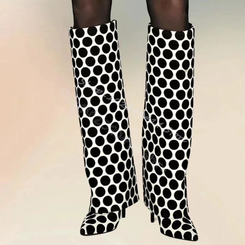 

Wave Point Print Pointed Toe Turned Over Boots Slip On Women Shoes Thin High Heels Fashion Party Feast 2024 Zapatos Para Mujere