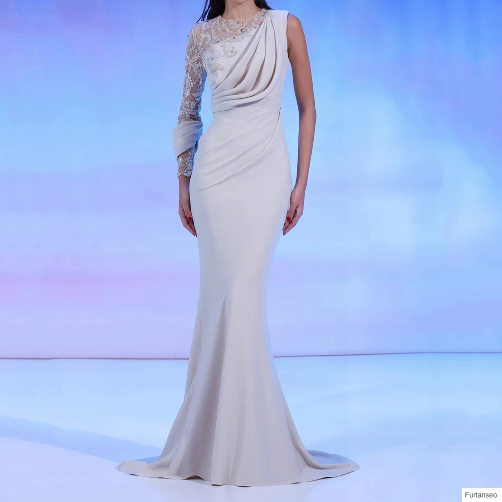 

Mermaid Women's Evening Dresses Floor-length O-neck Full Sleeve Prom Gown Fashion Crystal Pleat Simple Draped Customized Gowns