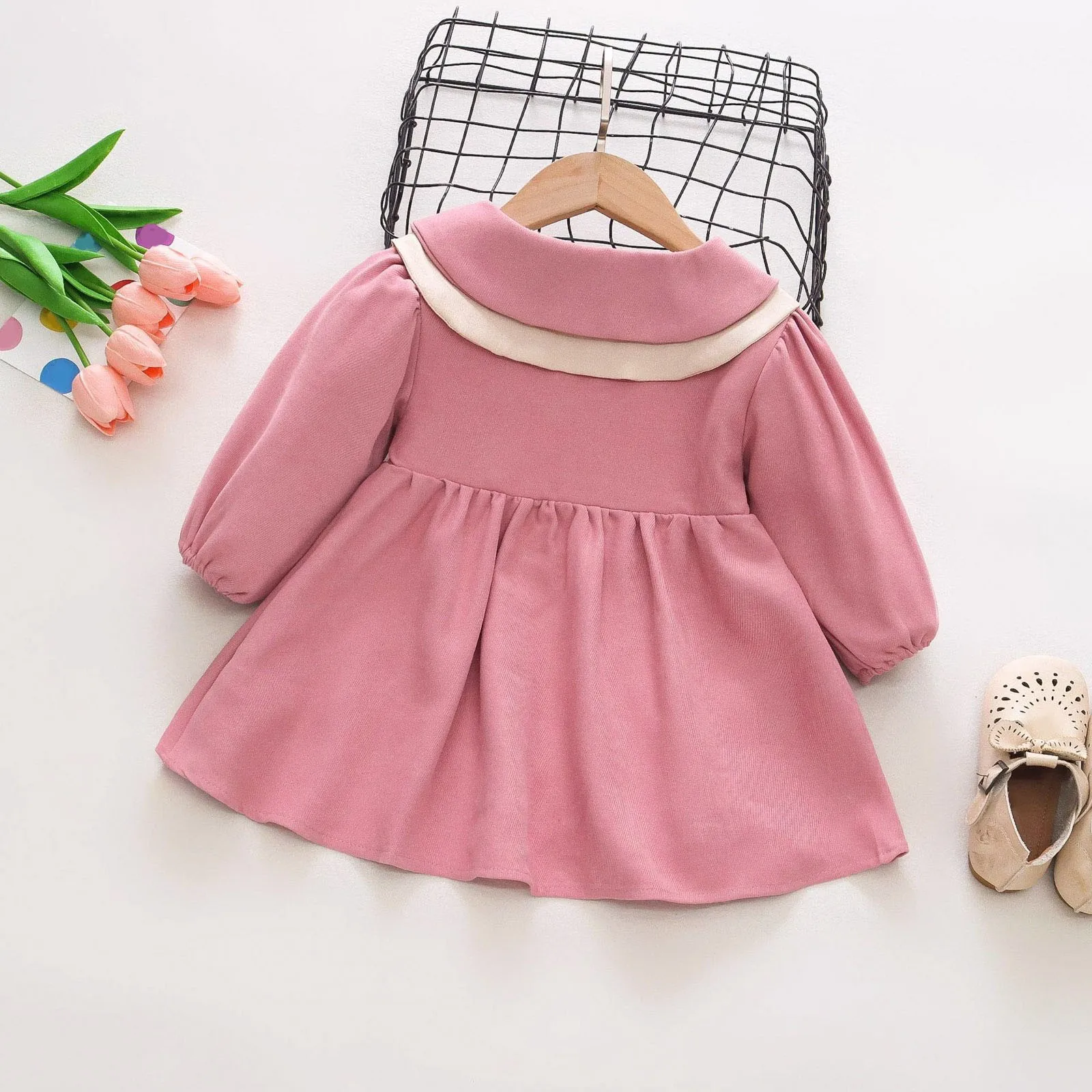 0-3Y Infant Baby Girls Long Sleeve Bowknot Ruffles Dress Doll Collar Academy Clothes Outfit for Toddler Girls 2024 Spring New