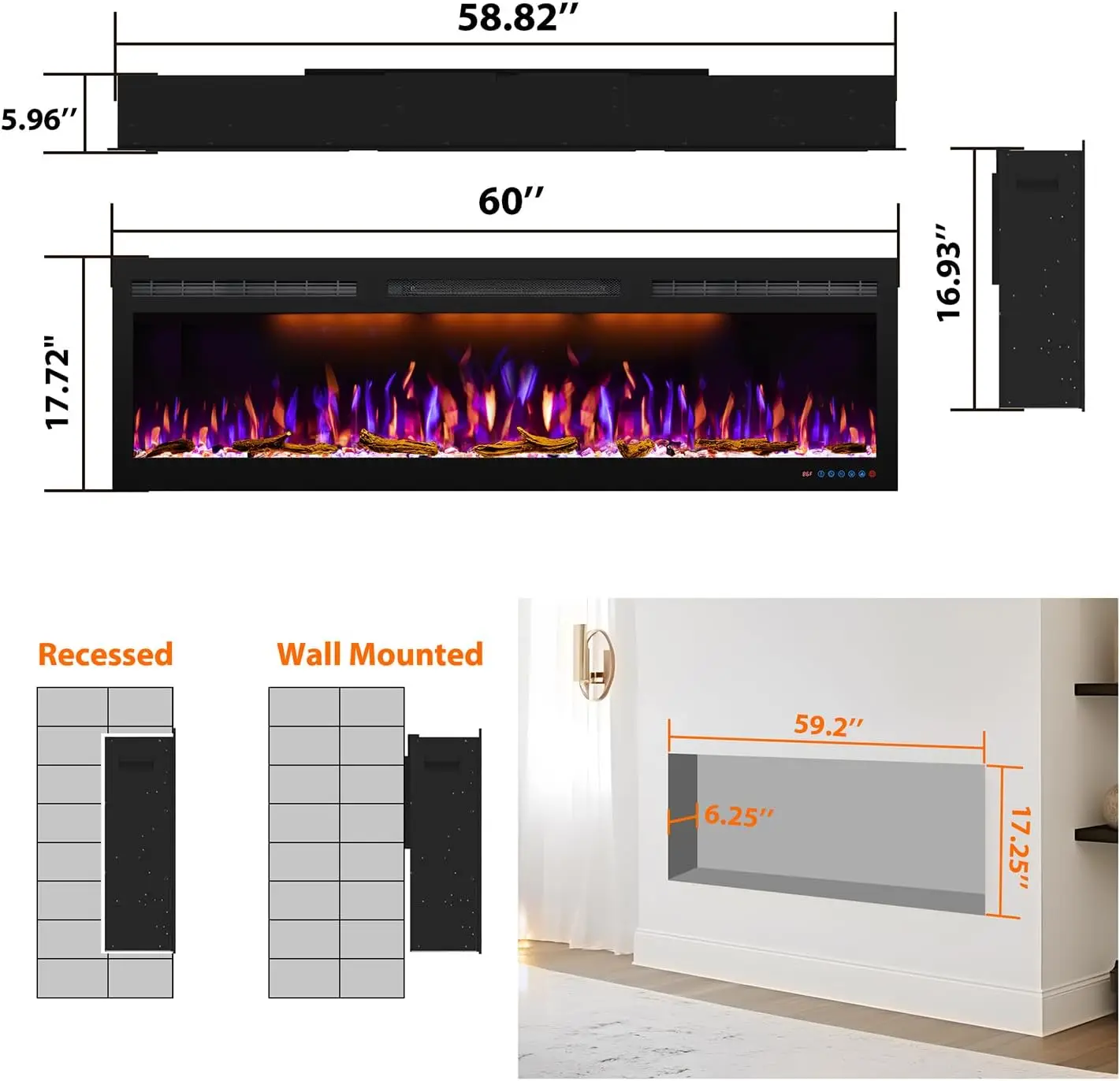 Perapian listrik 60 inci, perapian listrik ramping terpasang di dinding dan tersembunyi, perapian pemanas 750/1500 Watt, perapian Log & kristal Hea