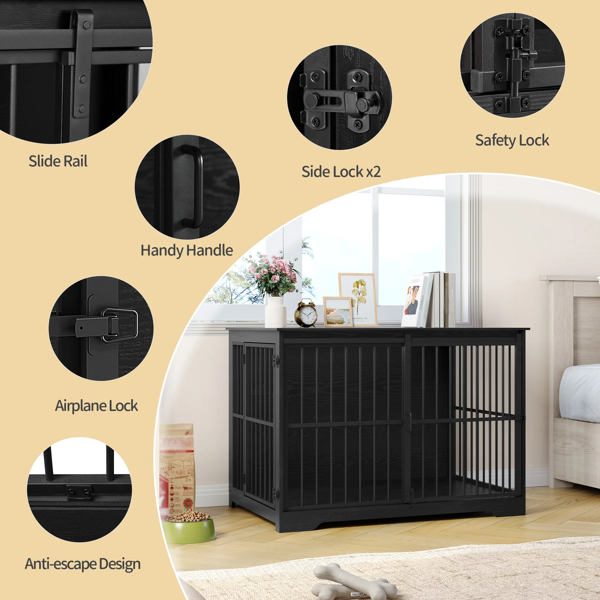 Modern 110cm Black Furniture-Style Dog Kennel Dual Reinforced Sliding Doors Indoor Dog Cage Side