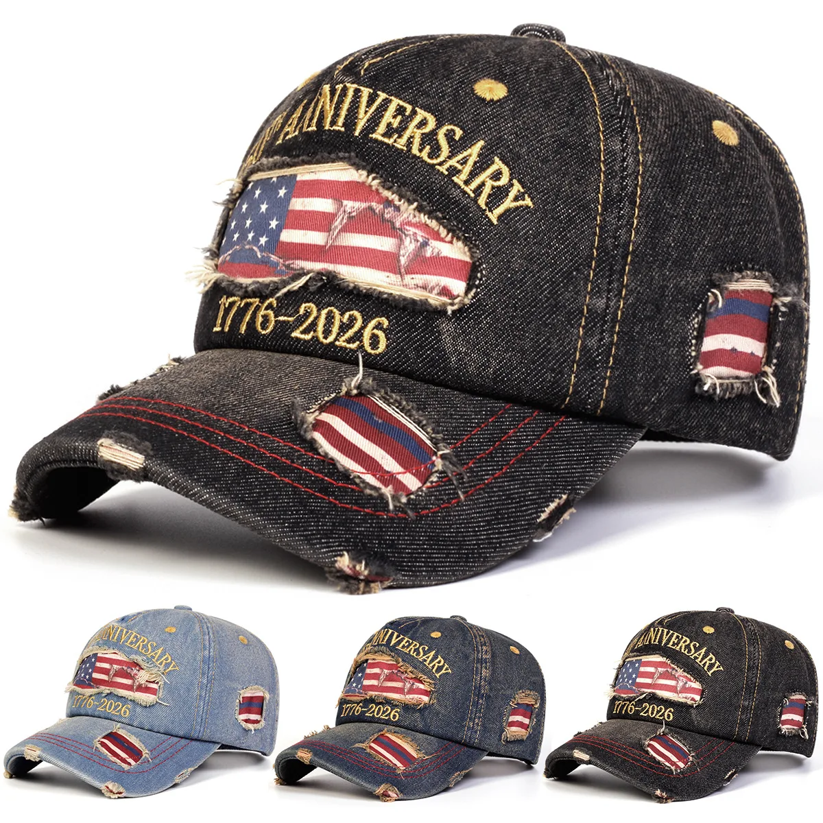 250th Anniversary Commemorative Embroidered Hat Vintage Distressed Baseball Cap,Flat Cap Distressed Ripped Baseball Cap