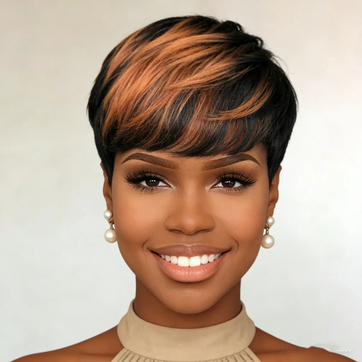 

Парик из натуральных волос черного и коричневого цвета, машинной работы, короткая многослойная стрижка пикси с челкой для женщин