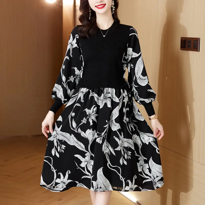 Autumn Wealth Blooming Flowers Waist Closure Knitted Patchwork Silk Dress Round Neck Print Fashion Temperament Slim Long Dresses