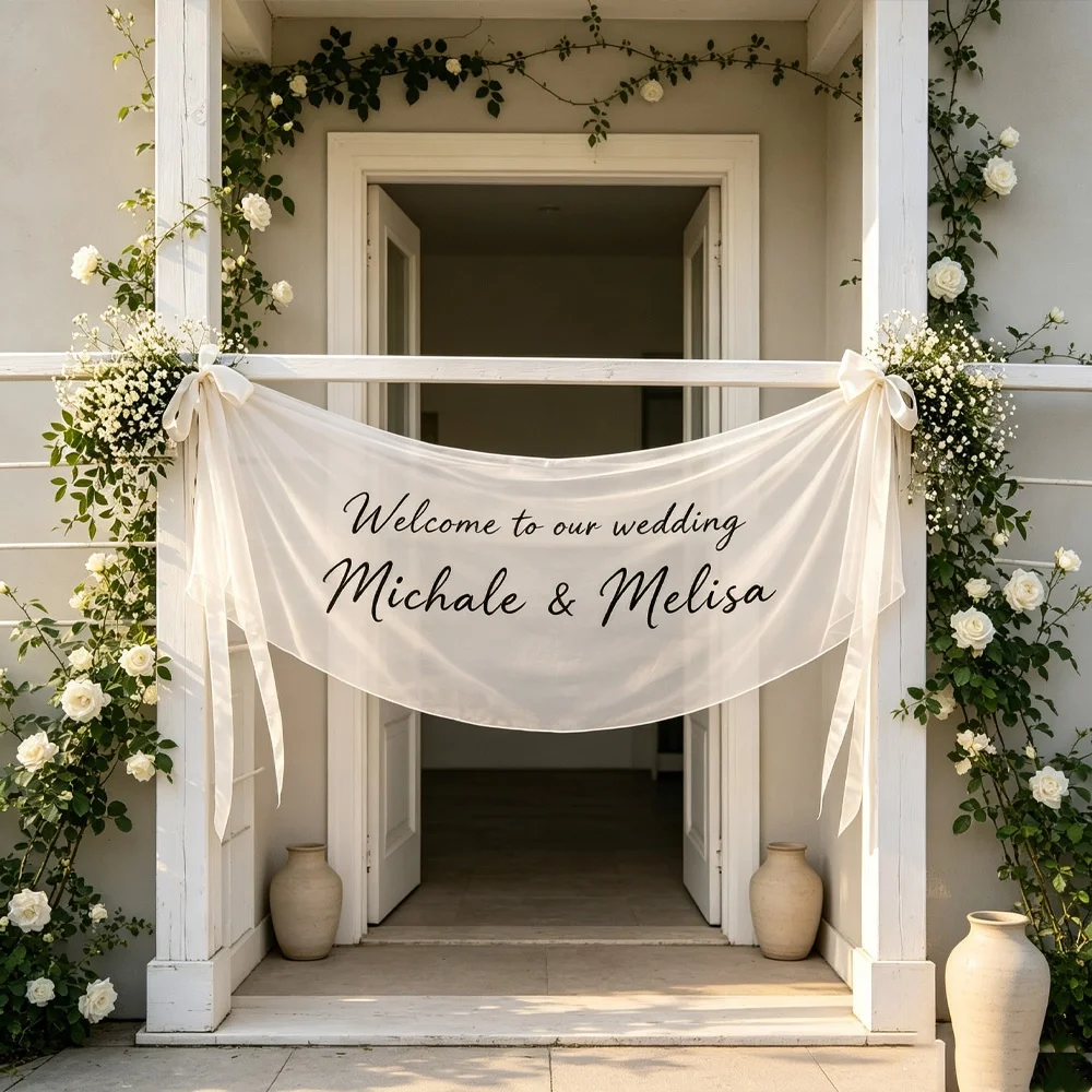 1Pc Custom Name/Text Sheer Tulle Transparent Banner, Includes 2pcs Ribbons, Suitable for Outdoor Lawn/Banquet Hall/Party Decor
