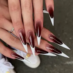 24PCS Spice Girl's French Pointed False Nails Press On Long Stiletto Cool Y2k Artificial Nails Pulp Red Gradient Tip Fake Nails