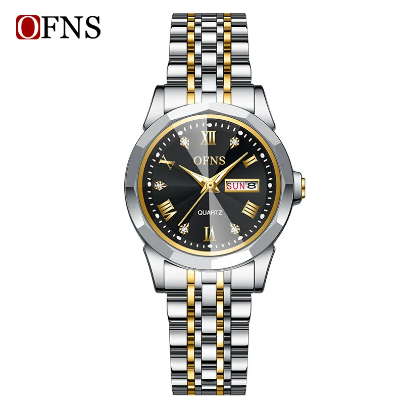 OFNS 1502 Couple Quartz Watch Silvery Fashion Leisure Diamond Date Stainless Steel Strap Wristwatch for Men and Women GIft