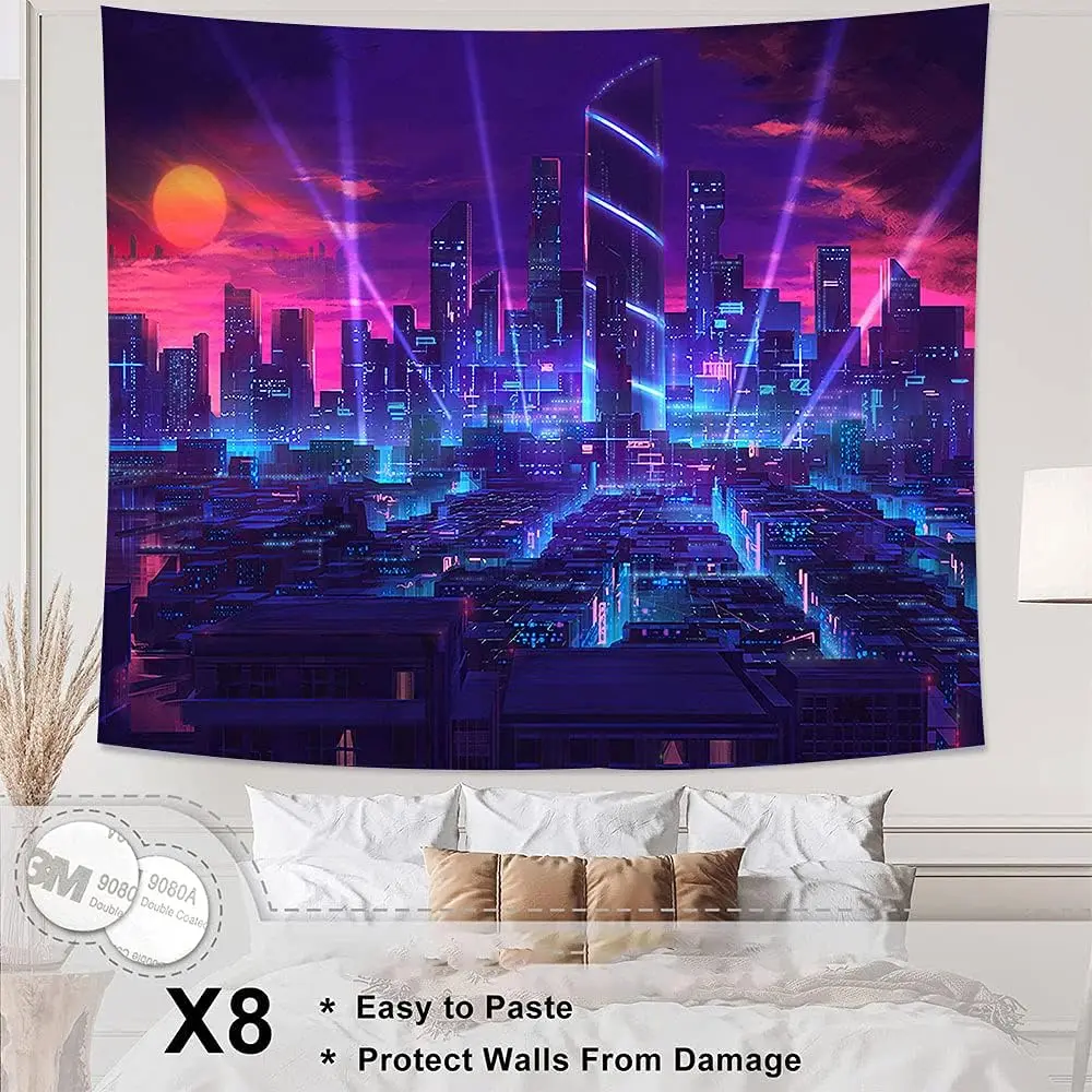 Vibrant Neon City Skyline Tapestry Wall Decor Modern Abstract Urban Night View Digital Print Polyester Art for Living Room Bedro