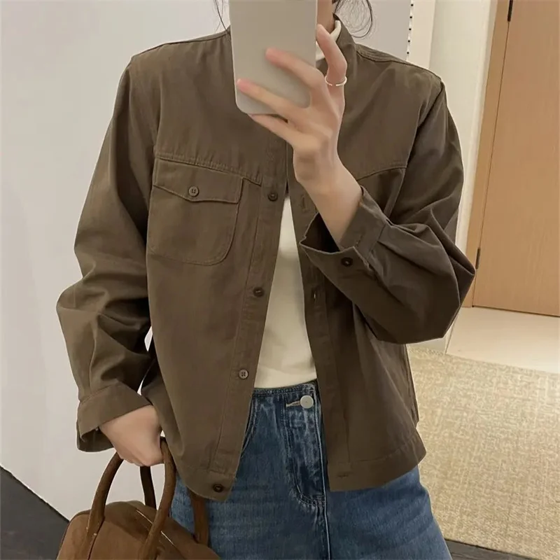 

Новое пальто-рубашка, женское весенне-осеннее пальто-джокер 2024, женское короткое пальто с воротником-стойкой, повседневная верхняя одежда в стиле ретро, модные топы