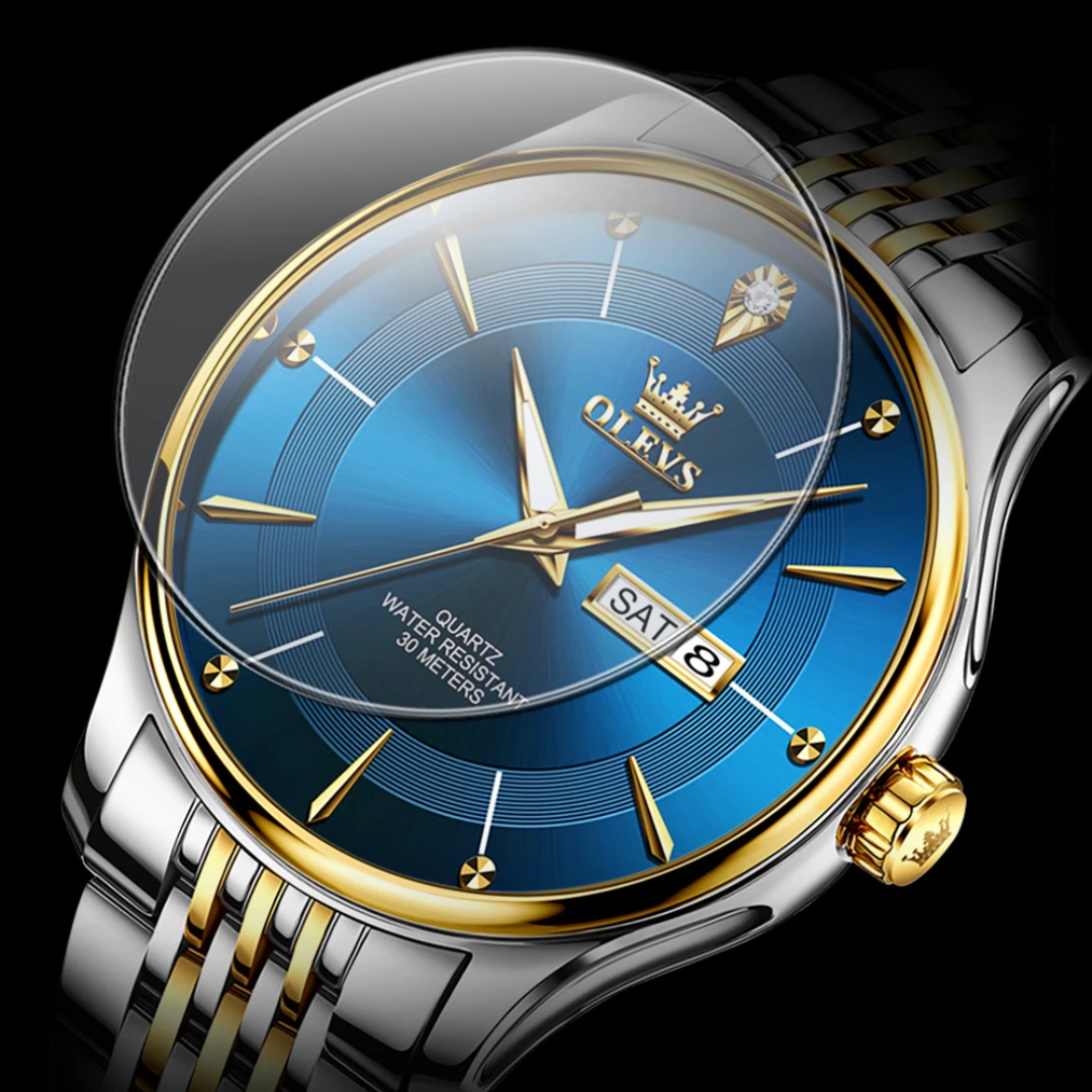 Olevs 9908 negócios relógio de quartzo presente mostrador redondo pulseira de aço inoxidável relógio de pulso semana exibição calendário luminoso
