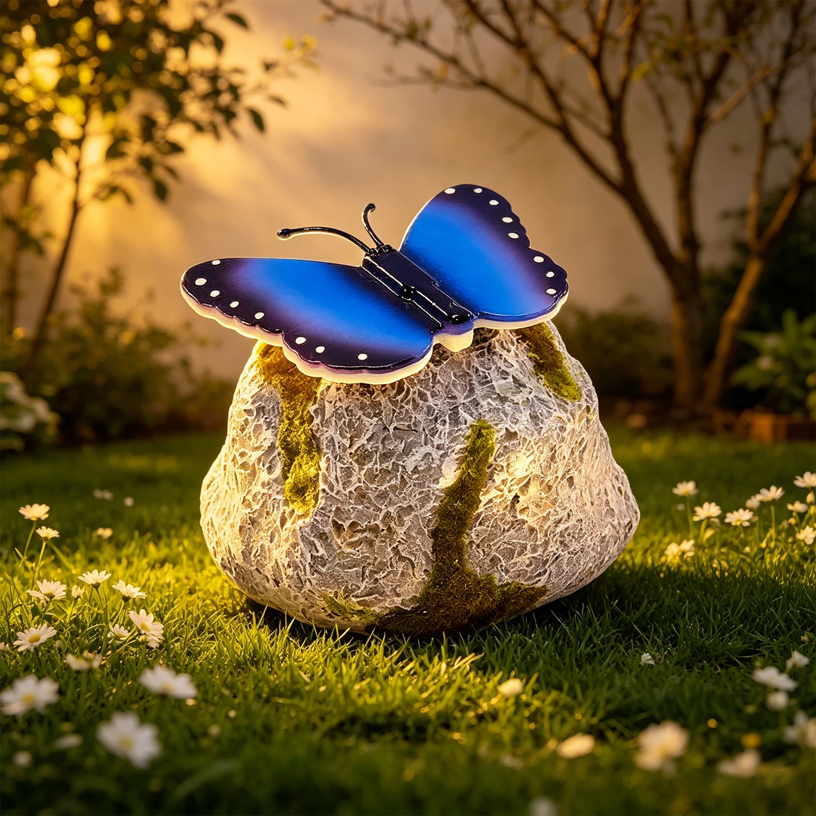 Imitation Stone Landscape Light with Sparkling Light-Up Wings Solar Butterfly Stone Lamp Waterproof for Outdoor Yard Patio Decor