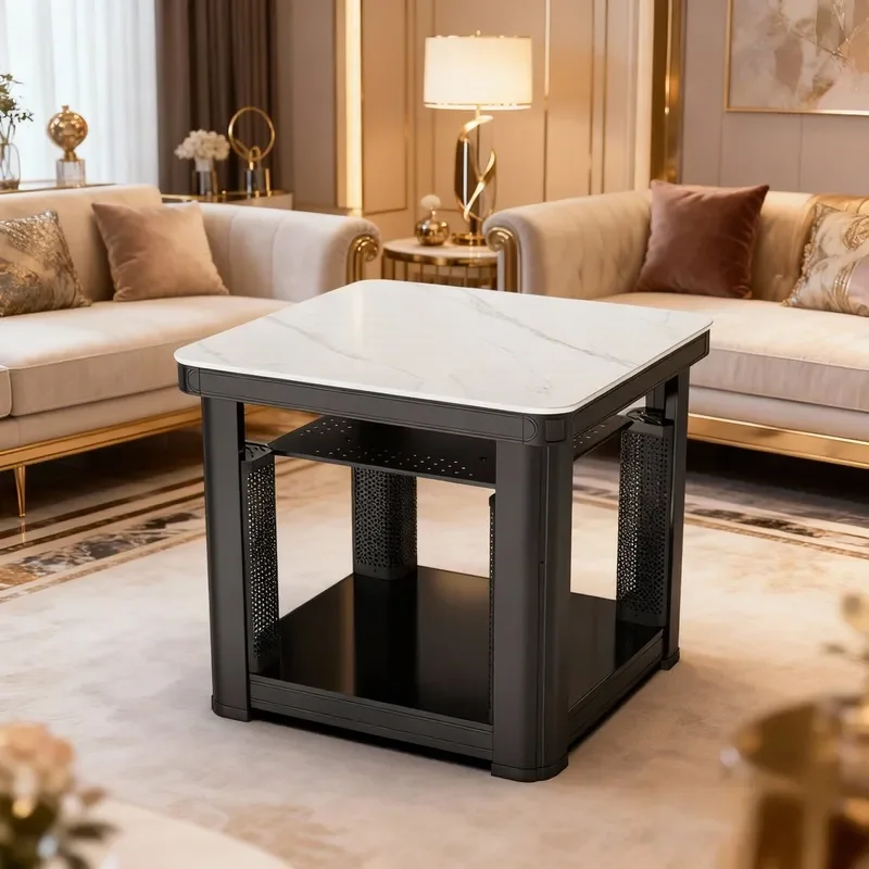 Multifunctional Electric Heating Tea Table Rectangular Flame Lift Fire Pit for Living Room Household Warm Coffee Table