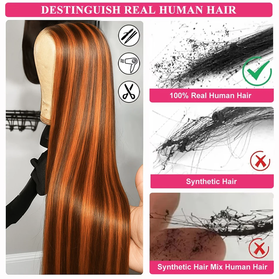 مستقيم # 4/350 البرتقال الزنجبيل أومبير تسليط الضوء على شعر مستعار ترقية 5x5 غلويليس ارتداء والذهاب البرازيلي ريمي قبل قطعها خصلات الشعر المستعار الإنسان