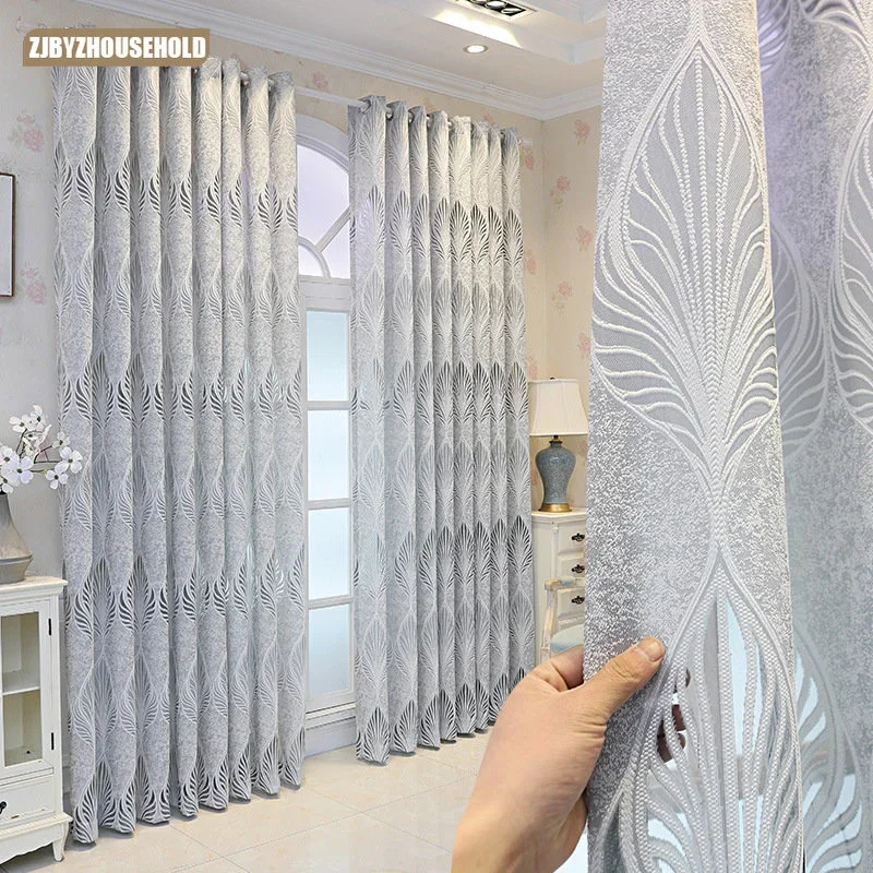 Amazon Curtains for Living Dining Room Bedroom Light-transmitting and Opaque Gray Simple Leaf Yarn Curtain