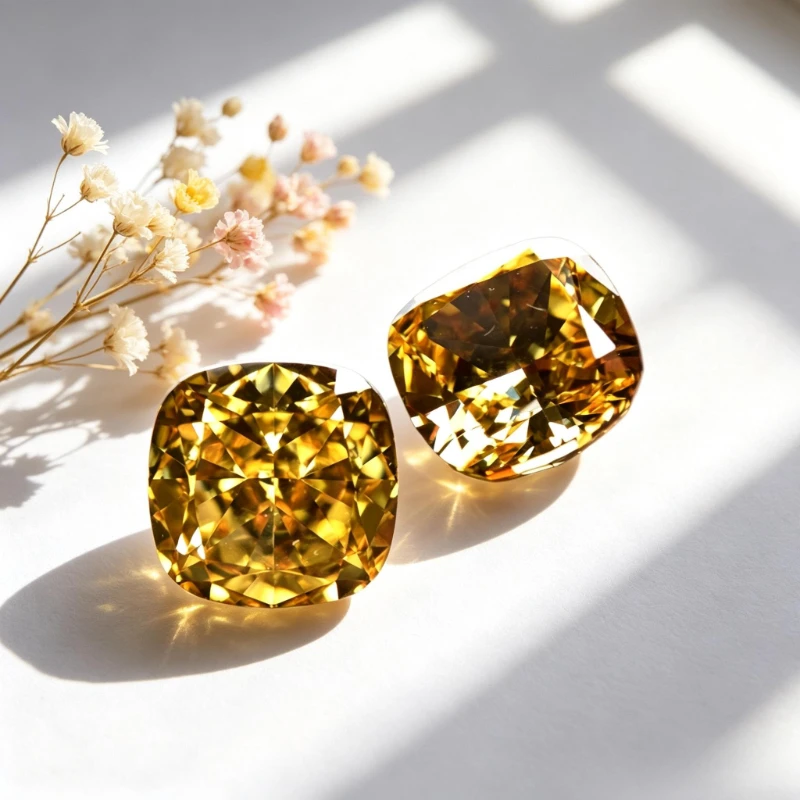 Kubisches Zirkonium, Crushed-Ice-Schliff, quadratische Kissenform, gelbe Farbe, 5A+-Qualität, CZ, 4K-Schliff, hochkarätiger Diamant – Detail 4