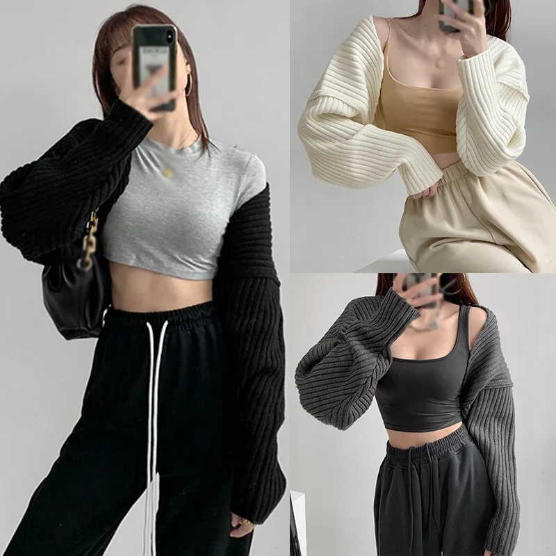 Women Short Cardigans Autumn Ultra-short Sweater Coat Long Sleeve Loose Knitted Crop Top Solid Color Sexy Cardigan Sweaters Top