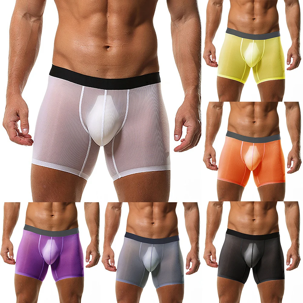 Celana Boxer Pria Celana Dalam Pendek Harian Seksi Polos Celana Dalam Pria Pinggang Sedang Bahan Sutra Es Oranye Abu-abu-biru