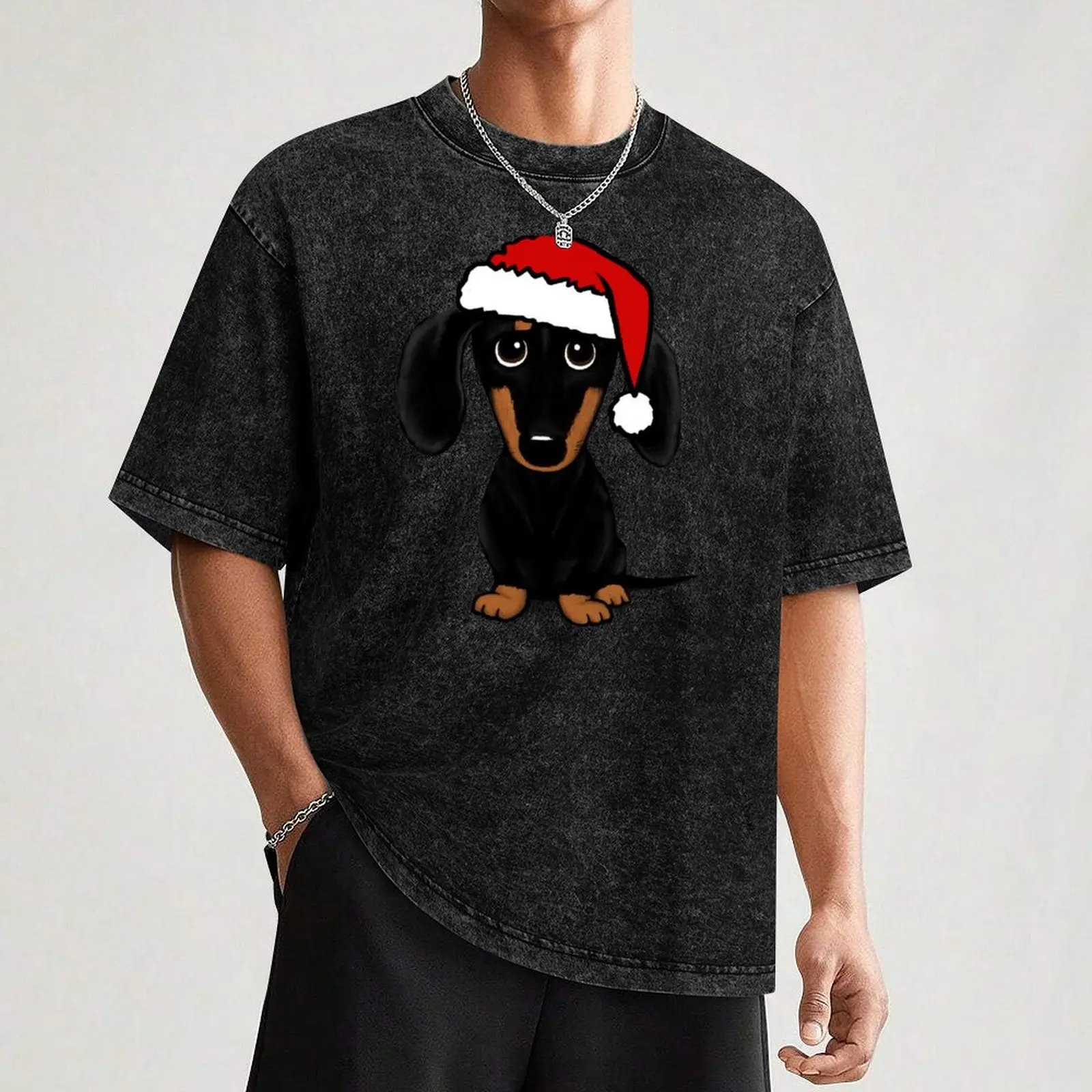 Black and Tan Dachshund with Santa Hat Cute Wiener Dog Christmas T-Shirt oversizeds funny t shirts men