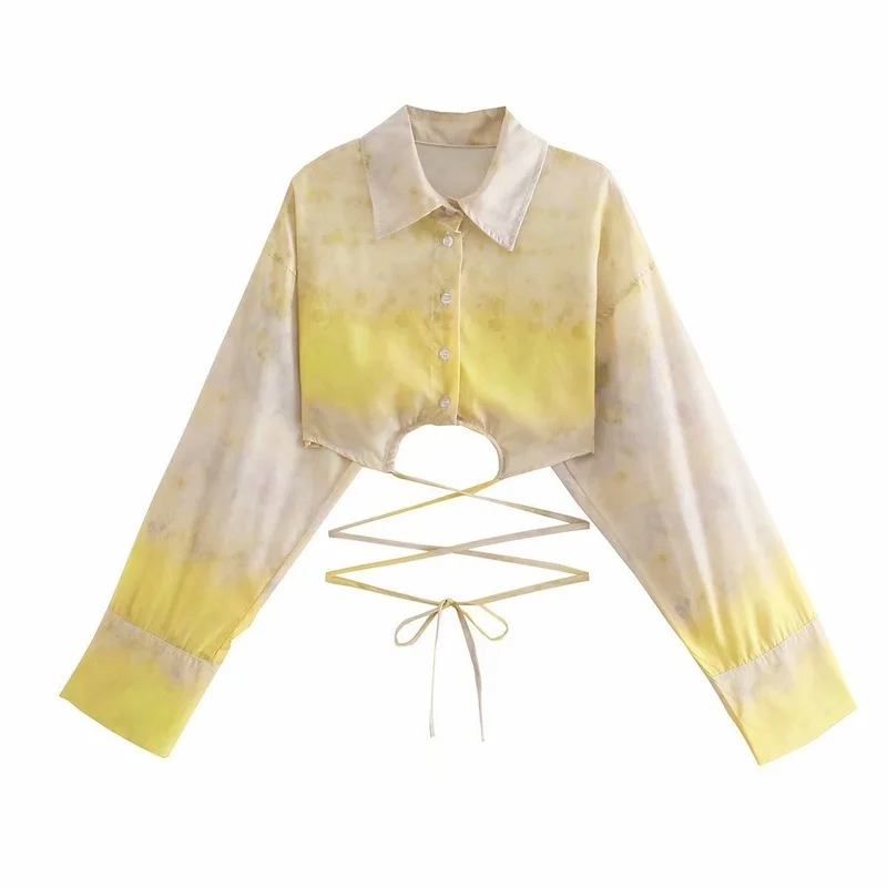 Women's Fashion Tie-dye Gradient Color Printing Single-breasted Blouse Slim-fit Lapel Waist Performance Sense Bandage T-shirt