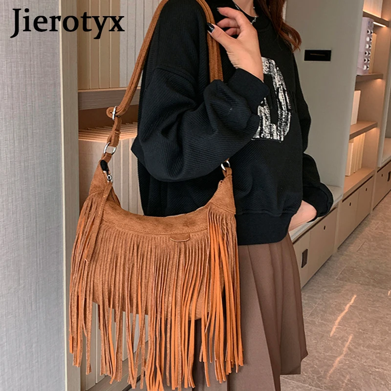 JIEROTYX Decor Fringe Trim Crossbody Purse Bag for Women Vintage Tassel Faux Suede Handbag Messenger Shoulder Bags