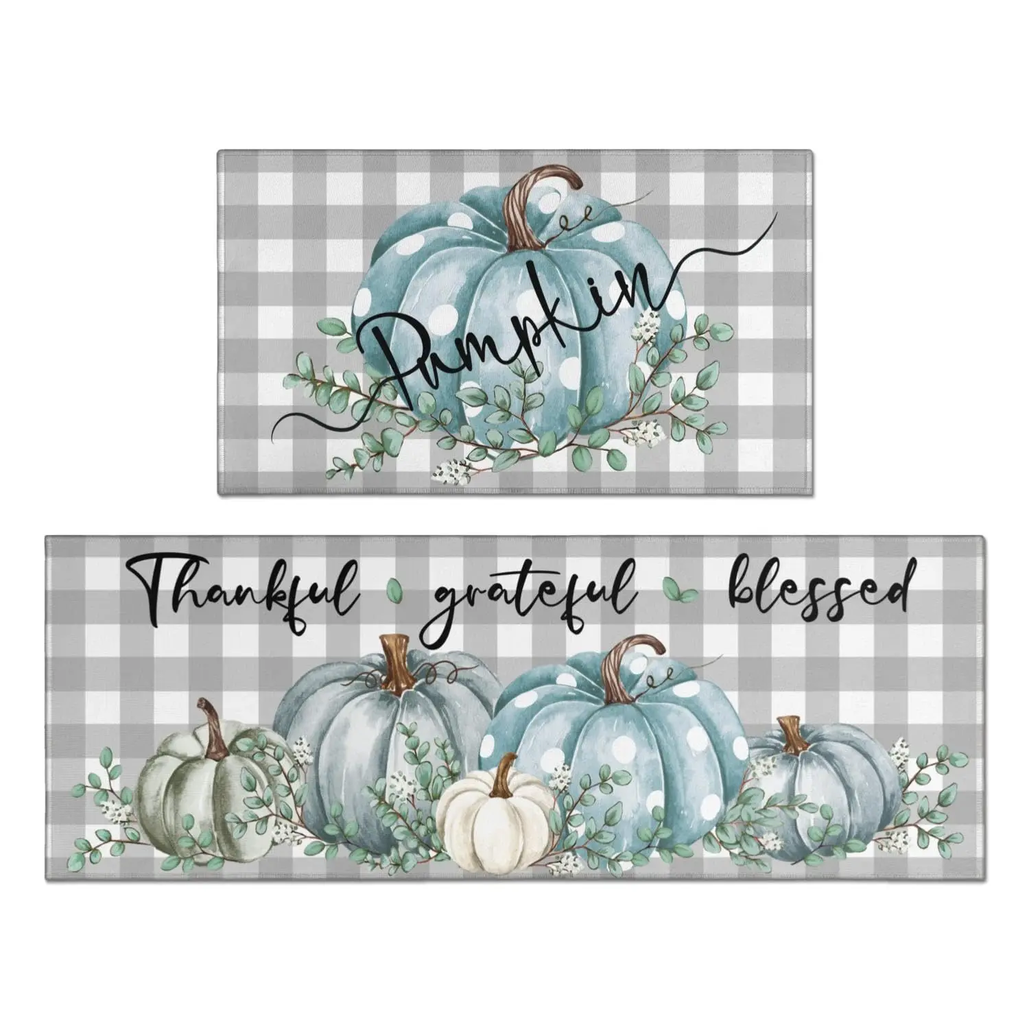 VIKAMA 2PCS Kitchen Hallway Runner Rug Blue Pumpkin Non Slip Anti Fatigue Waterproof Washable Kitchen Floor Mats for Home Decor