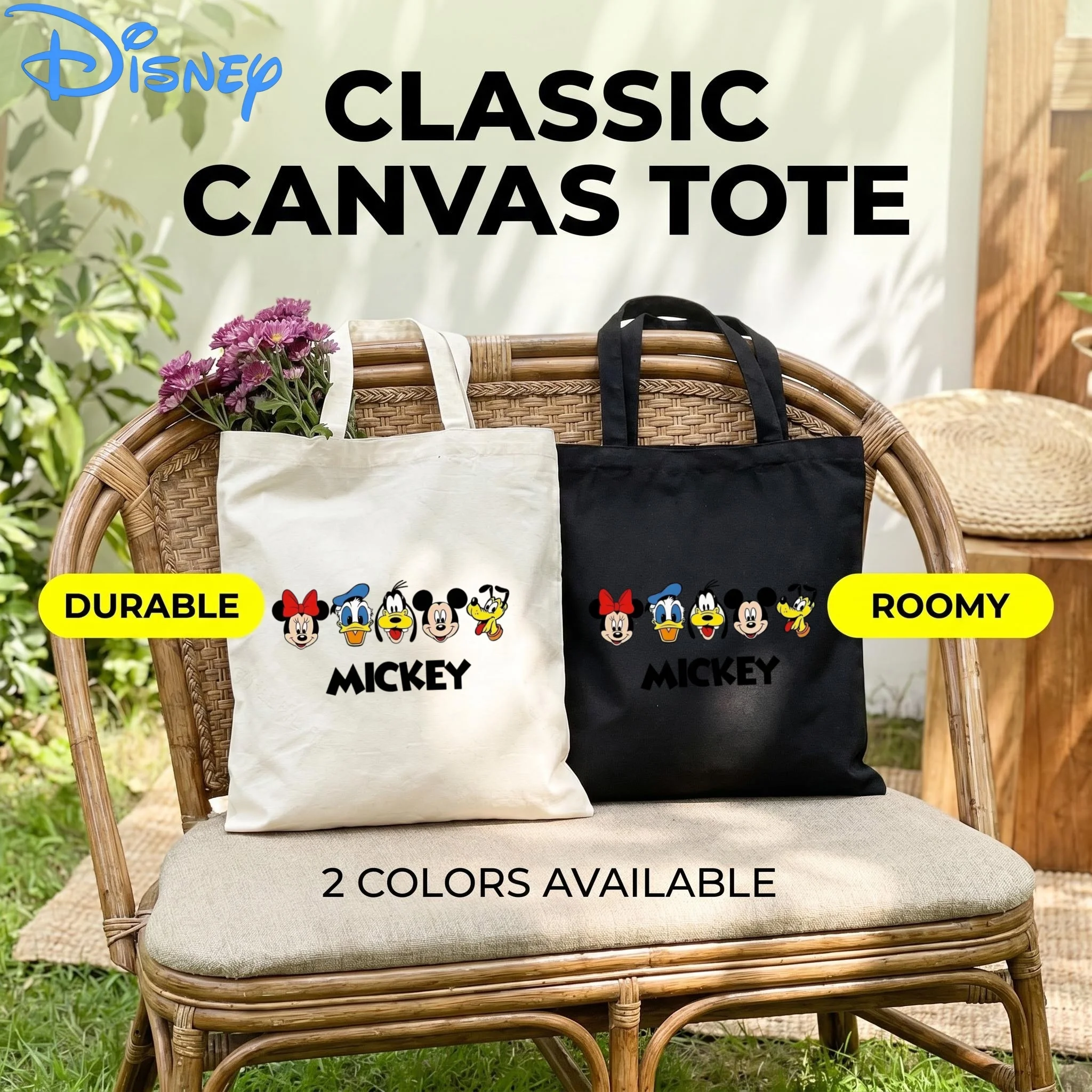 

1PC Disney Five Classic Characters Head Canvas Tote Bag, Mickey Minnie Donald Goofy Pluto Eco Shopping Shoulder Bag