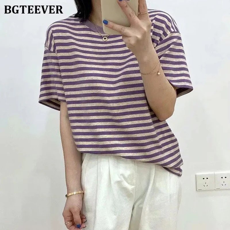 

BGTEEVER Casual O-neck Women Striped T-shirts Spring Summer Short Sleeve Loose Female Tops Ladies Cotton Tees