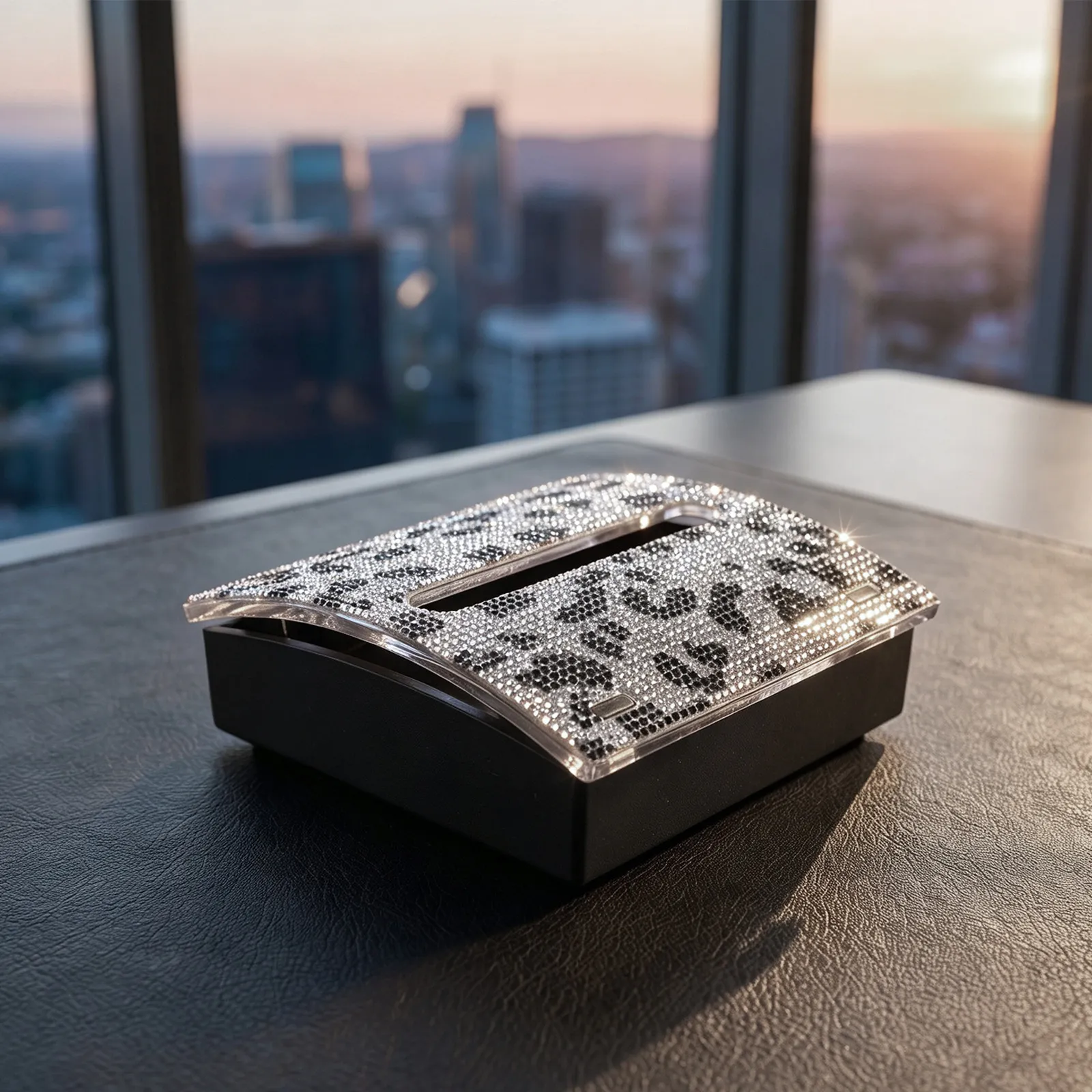 Rhinestone Memo Box 4x4 Leopard Note Dispenser Desktop Organizer Multi-Compartment Memo Paper Holder Office Study