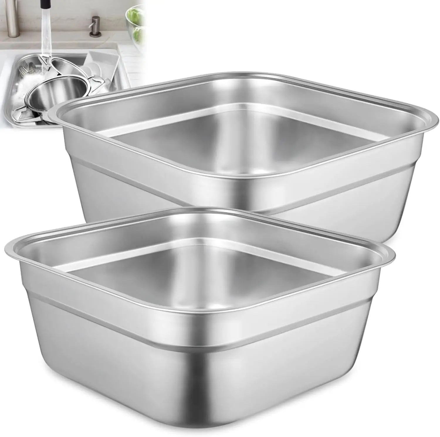 

2 Pcs Washing Up Bowls, Multi-Purpose Stainless Steel Dish Tubs for Sink, Large Square Containers for Kitchen, Vegetabl