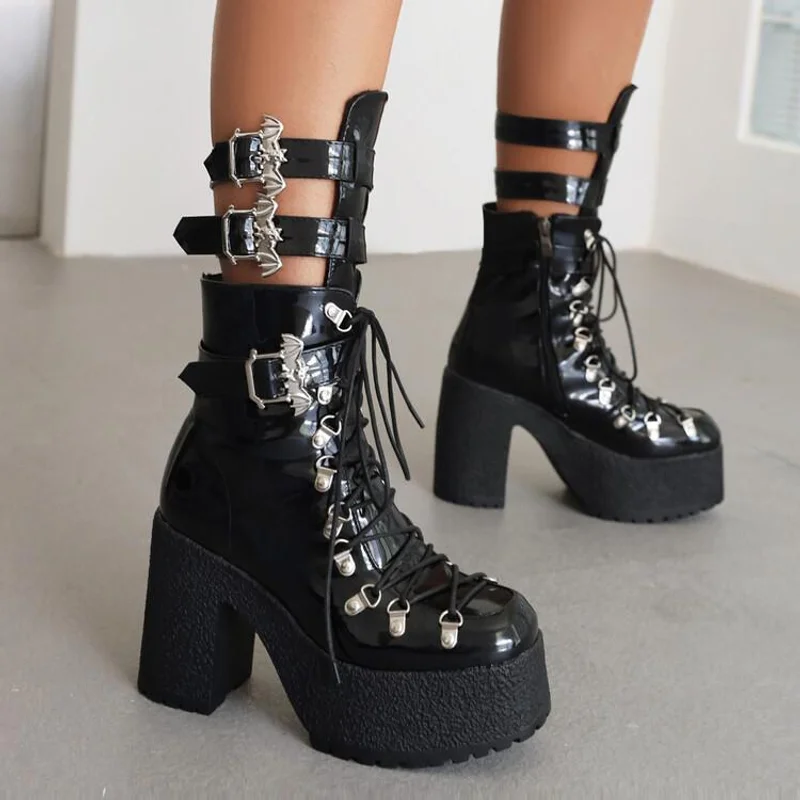 New Retro Style Women Boots With Belt Buckle Short Boots European American Style Large Size Lace-up Thick-soled Sexy Women Boots