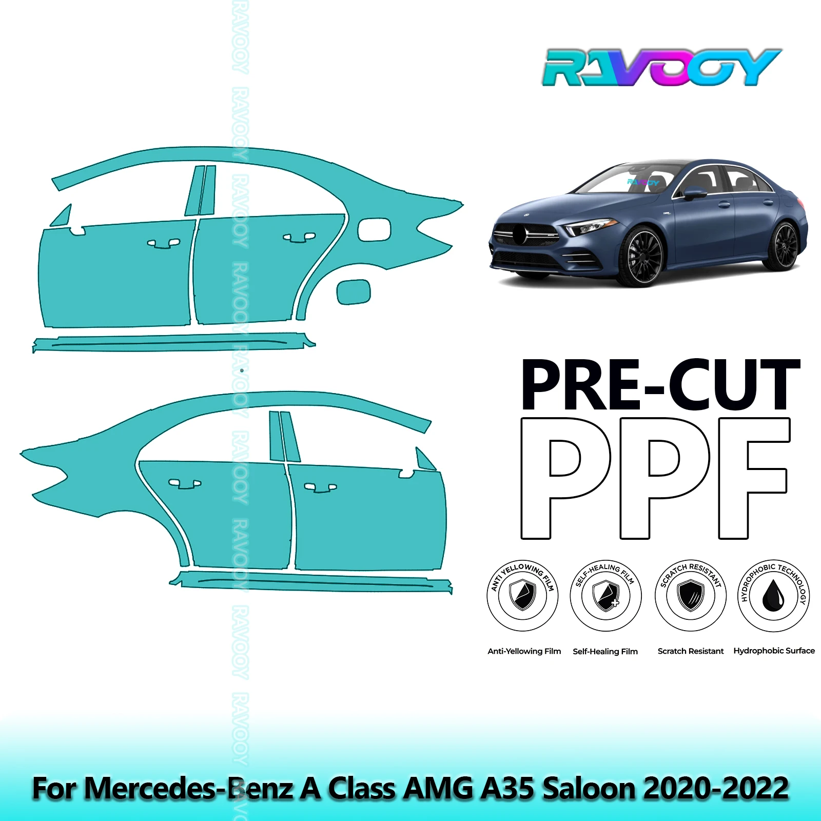 

For Mercedes-Benz A Class AMG A35 Saloon 2020-2022 8.5mil Pre-Cut PPF Door & A/B Pillar Kit TPU Paint Protection Film Set