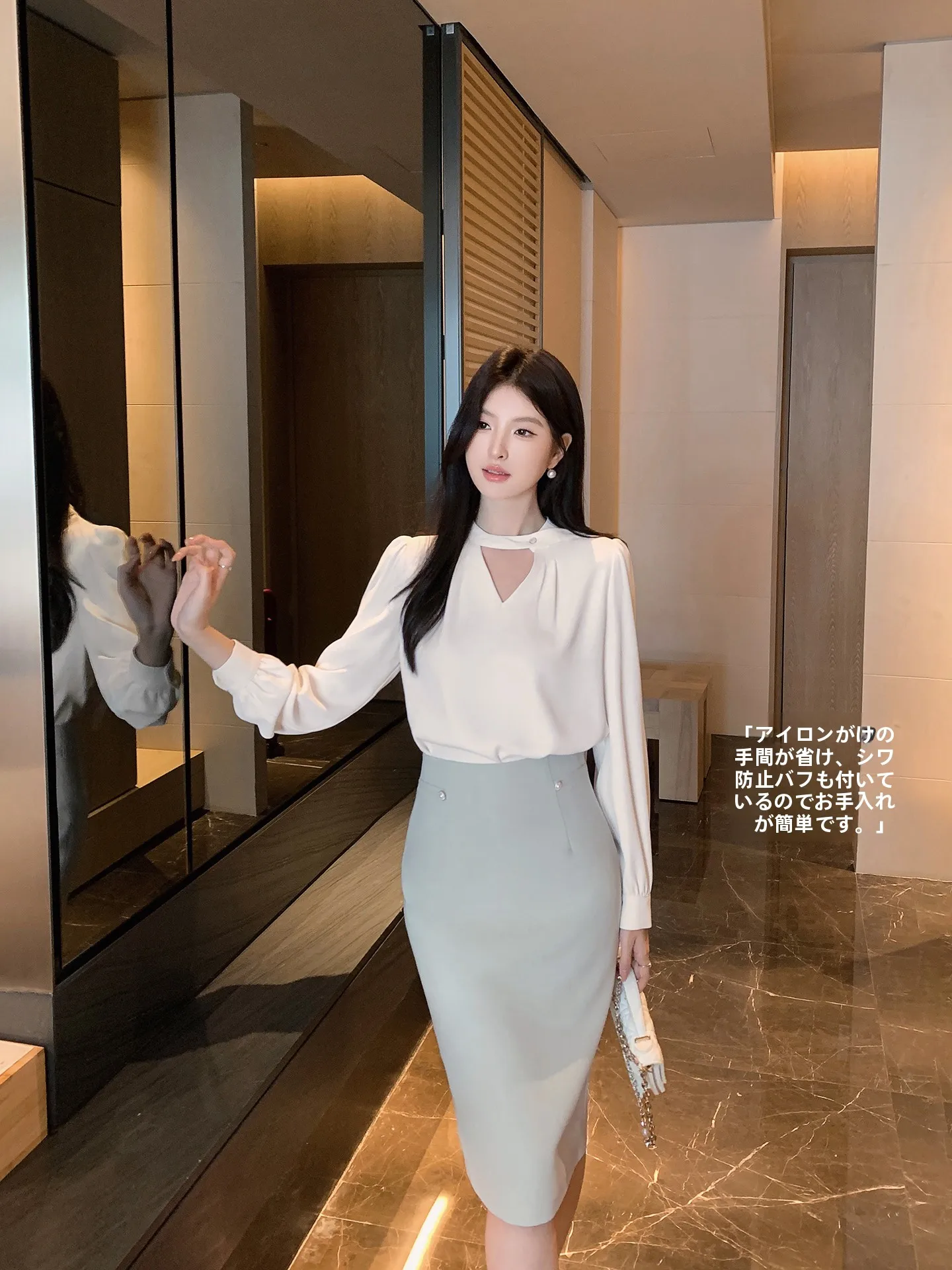 

Ele White Commute irt with Dra V-Ne Ties Hollow out Design Long Sve Polyester Fiber Women's Faion Blouse