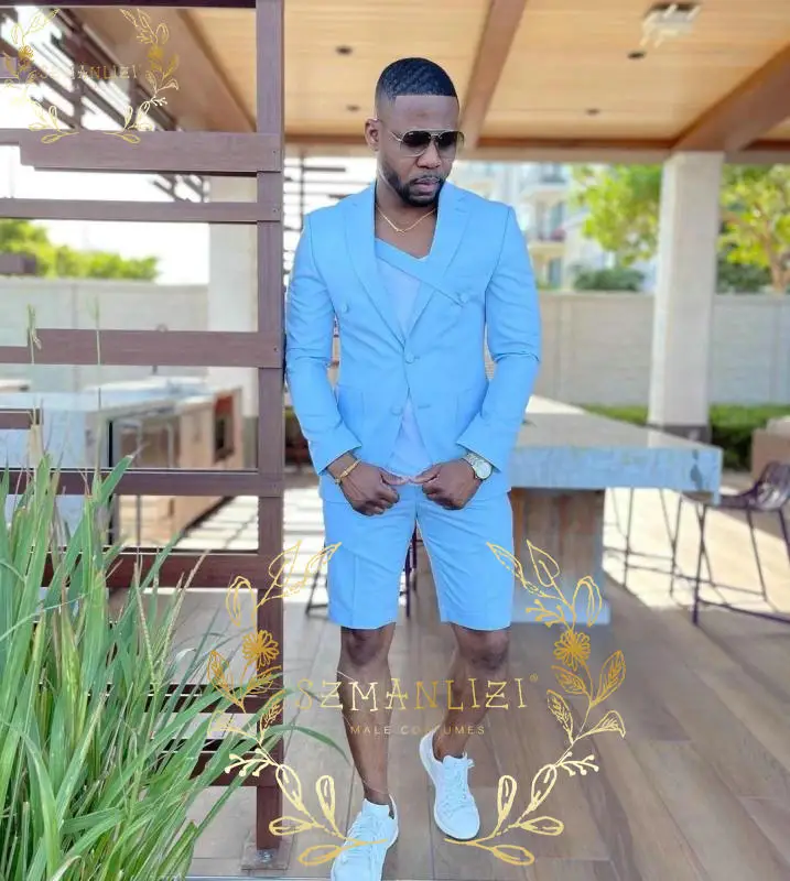 SZMANLIZI Double Breasted Light Blue Wedding Men Suits Short Pants Groomsman Terno Masculino Beach Summer Groom Best Man Blazer