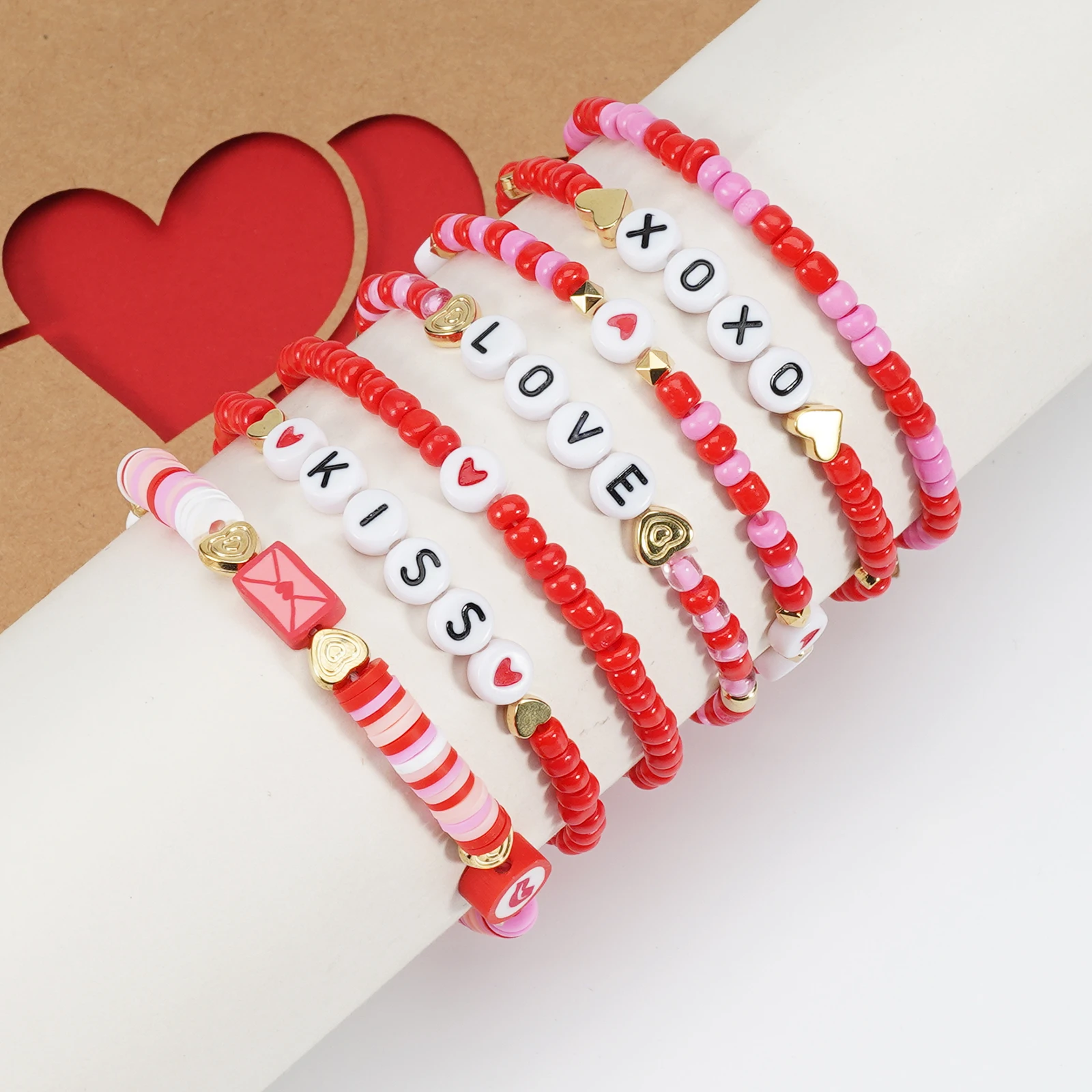 Valentine's Day Bracelets Heishi Stackable Beaded XOXO Love Heart Kiss Charm Stretch Bracelet