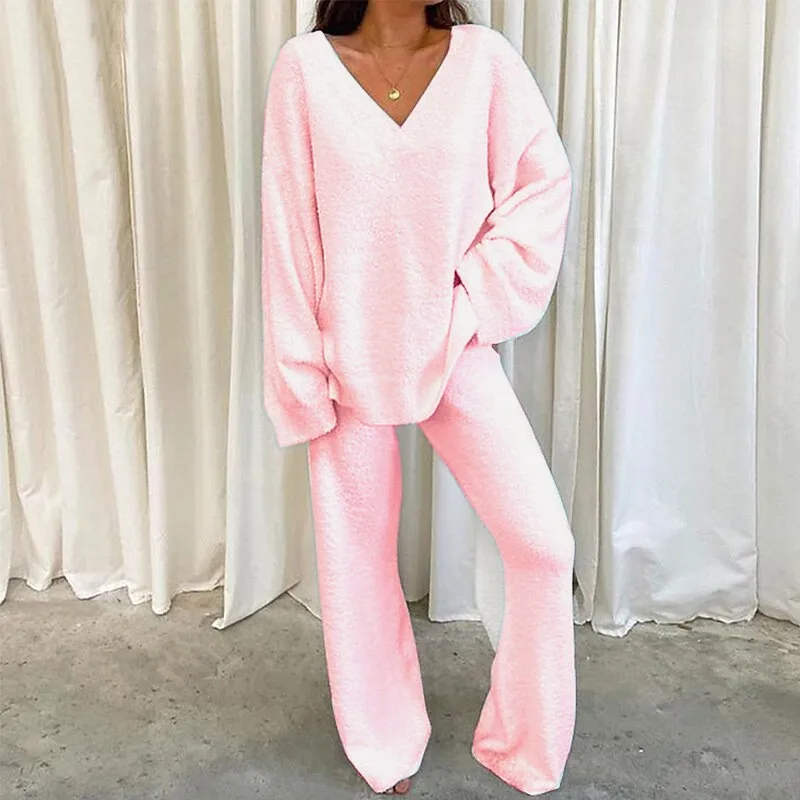 Women's Autumn Winter Casual Long Sleeve V Neck Batwing Sleeve Solid Color Loungewear with Side Pockets Oversized Top Wide Leg