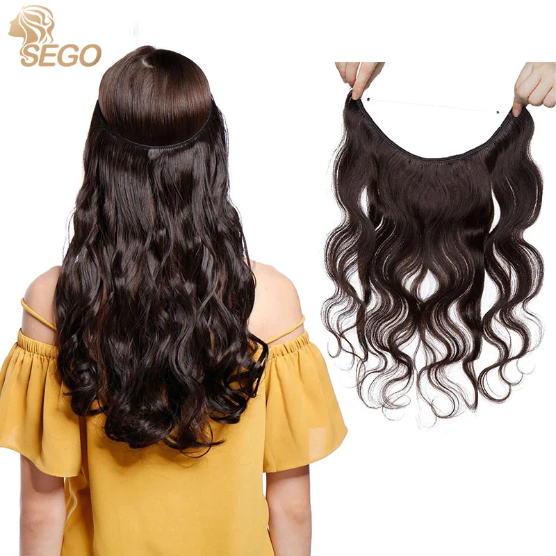 

SEGO 60g-80g 16-24inch Body Wavy Wire Hair Extension Human Hair Weft Secrect Fish Line Wire in Hair Extensio Invisible Hairpiece