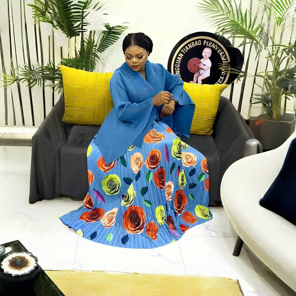 

2025 Elegant Party 2 Piece Set Women Belt Batwing Sleeves Tops A-line Print Folds Long Skirt Fashion Autumn New Sets